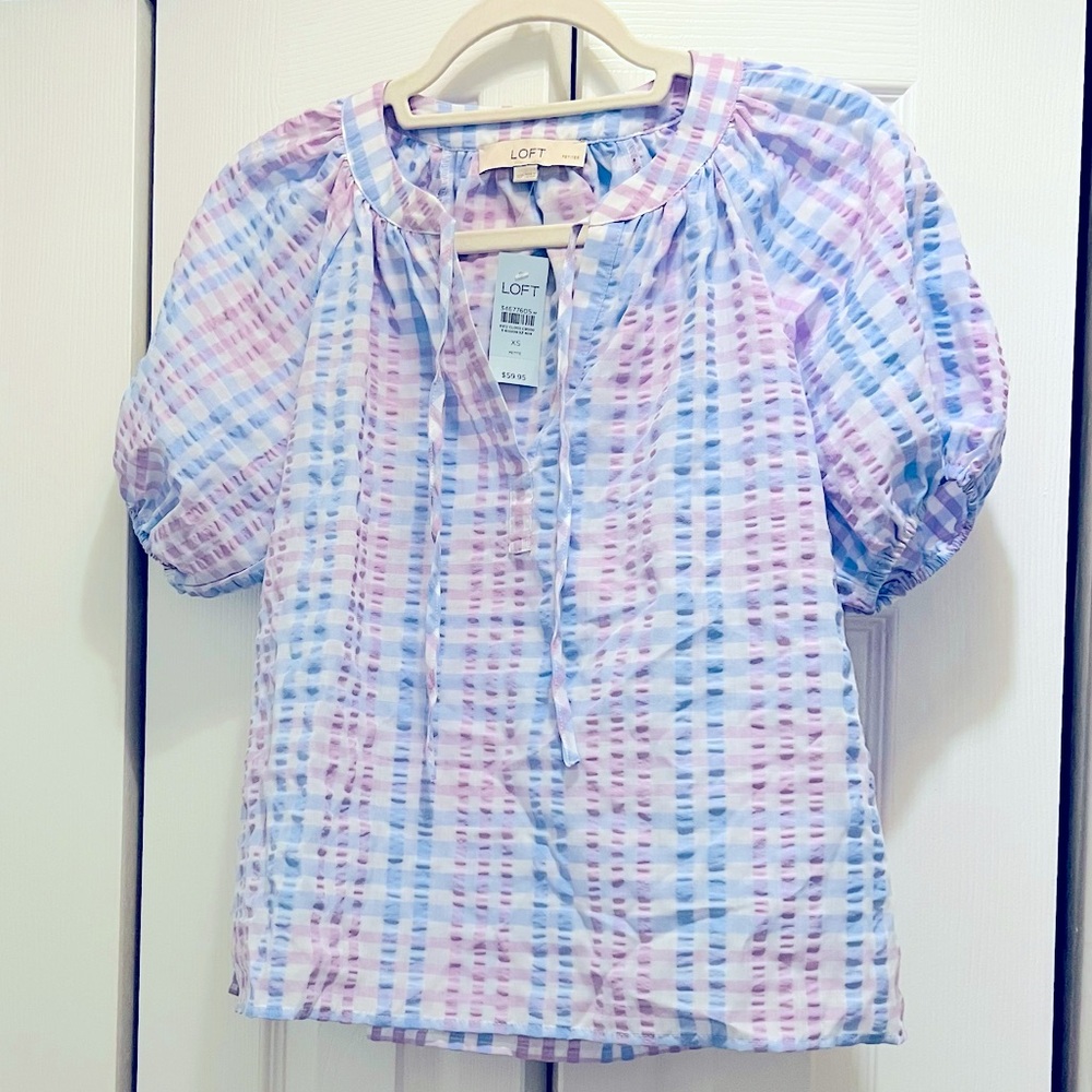 LOFT Striped Tie Neck Puff Sleeve Top
